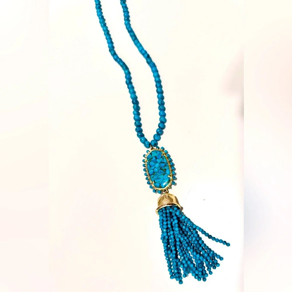 KENDRA SCOTT Tatiana Long Beaded Turquoise Tassel Statement Necklace - Picture 7 of 12